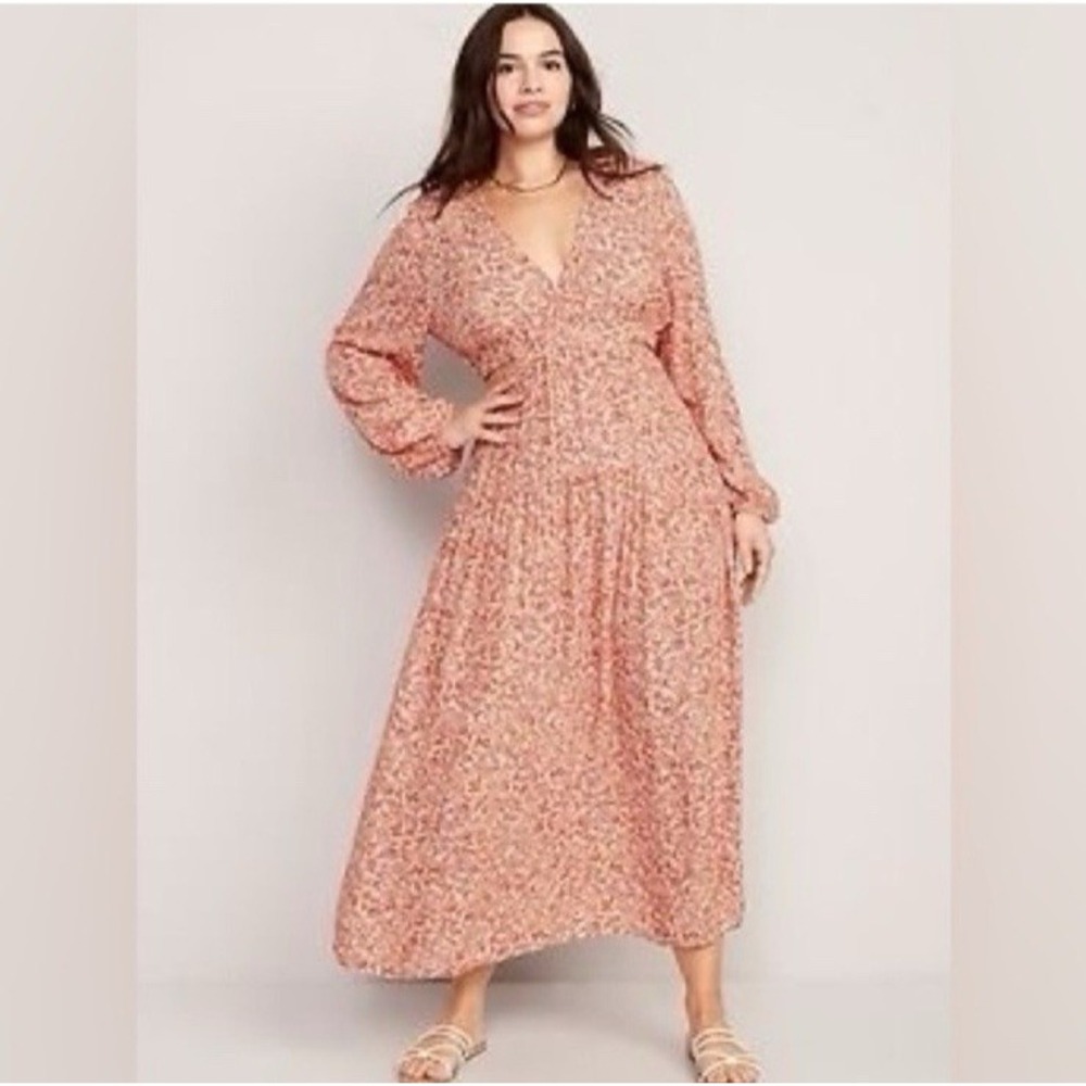 Old Navy Dress Waist Defined Cutout Crepe Floral Long Sleeve V Neck XL